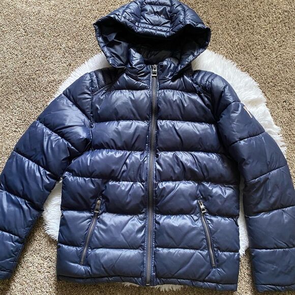 Guess Puffer Coat Bubble Puffy Jacket Blue Outdoor Detachable Hood Womens Small - Picture 6 of 14